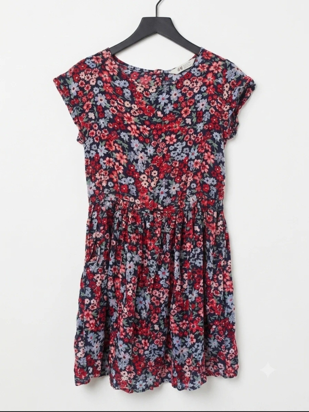Girls'  H&M Navy Floral Short-Sleeve Dress - Red & Blue